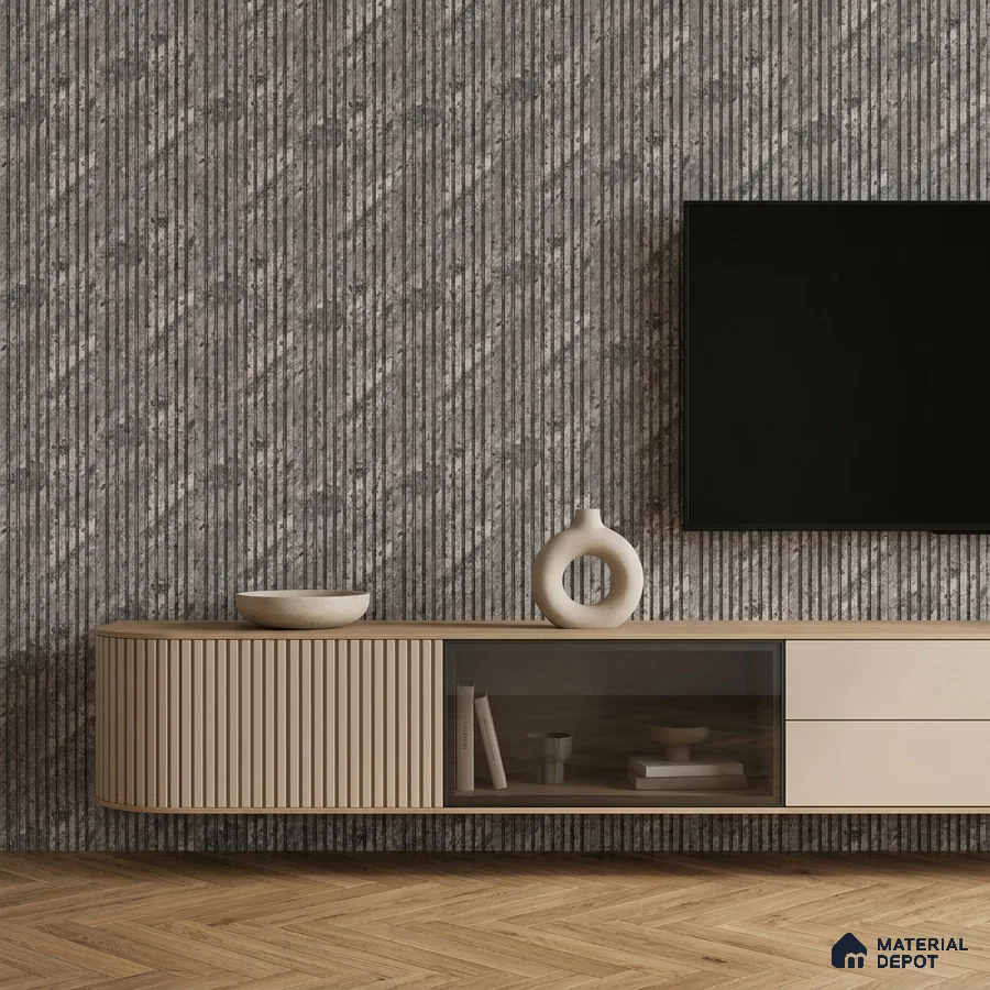 Modern TV unit with beige fluted laminate, grey textured wall panels, and herringbone wooden flooring