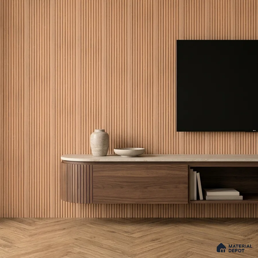 Minimalist TV unit with walnut wood laminate, fluted wall panels, and herringbone wooden flooring