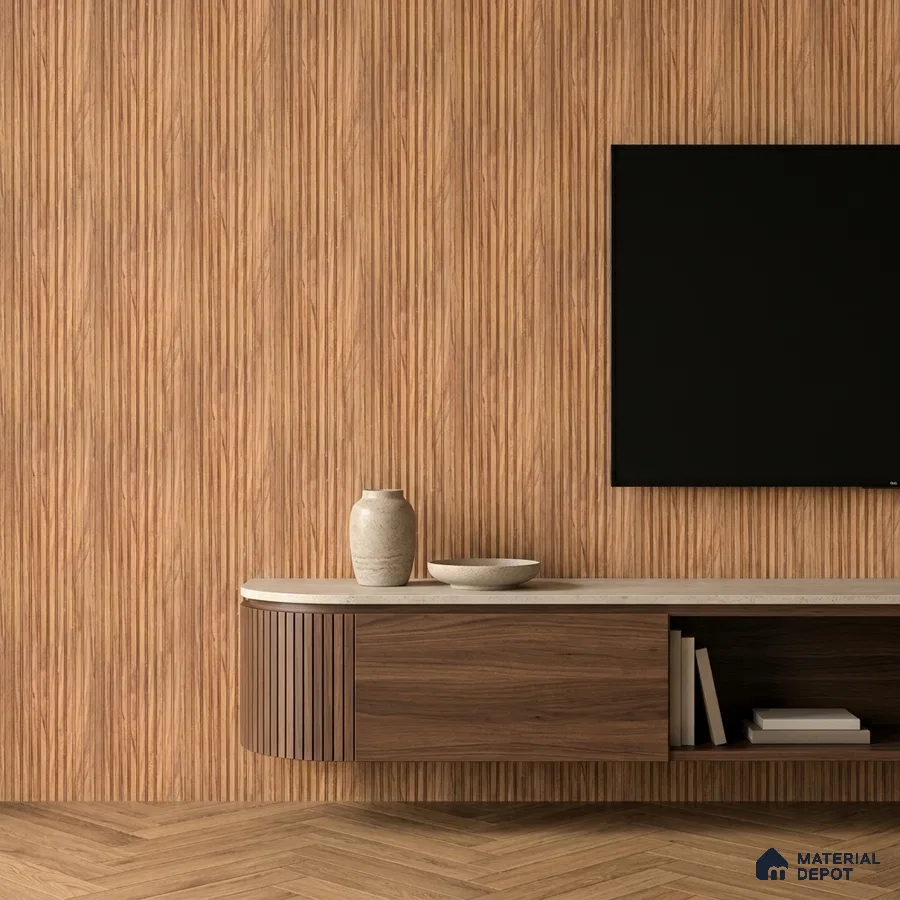 Minimalist TV unit with walnut wood laminate, fluted wall panels, and herringbone wooden flooring
