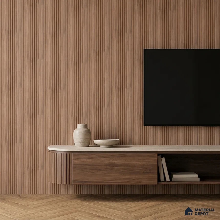 Minimalist TV unit with walnut wood fluted wall panels and beige stone countertop