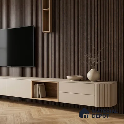Minimalist TV unit with walnut brown fluted wall panels and beige matte laminate cabinet
