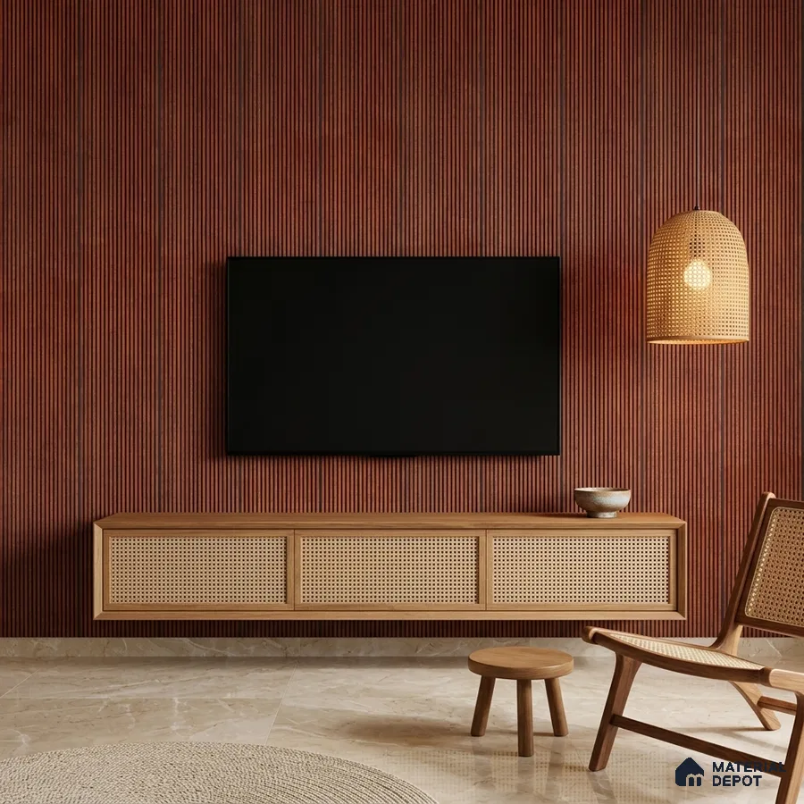 Japandi TV unit with walnut brown fluted wall panels and cane-front floating cabinet