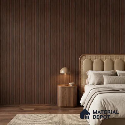 Japandi bedroom with walnut fluted wall panels, cane headboard, and beige suede upholstery