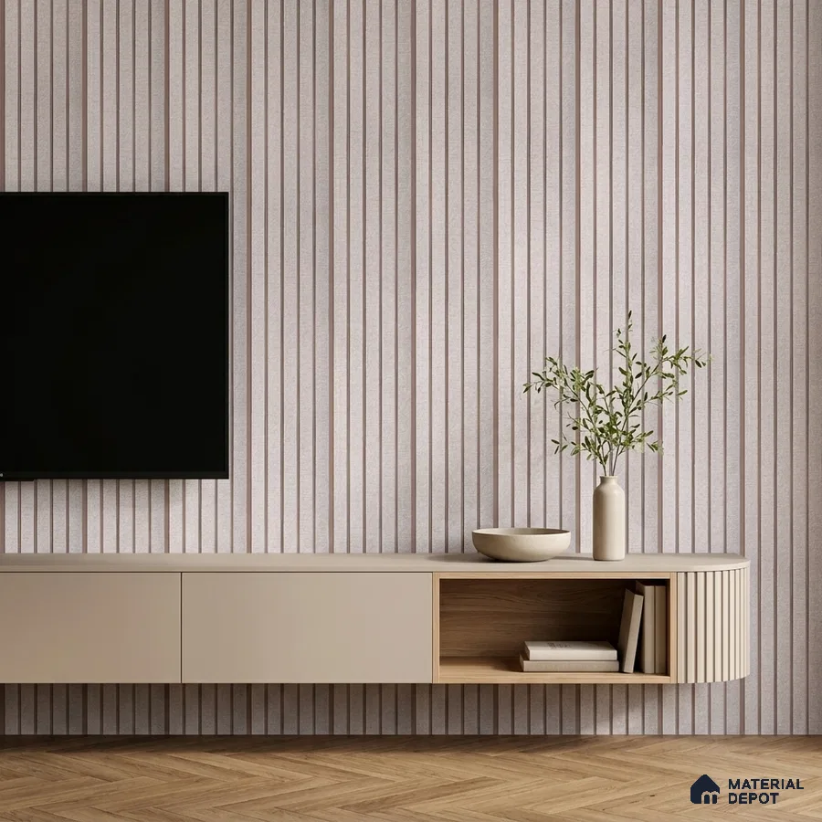 Minimalist TV unit with beige matte laminate, fluted wall panels, and herringbone wooden flooring