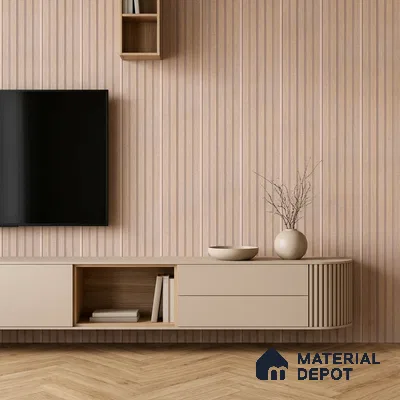 Minimalist TV unit with beige matte laminate, fluted wall panels, and herringbone wood flooring