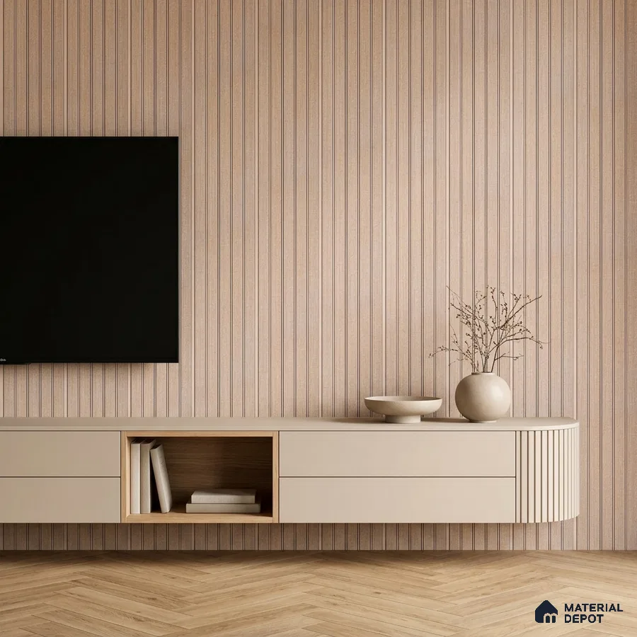 Minimalist TV unit with beige matte laminate, fluted wood wall panels, and herringbone wooden flooring