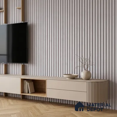 Minimalist TV unit with beige matte laminate, fluted wall panels, and light oak herringbone wooden flooring