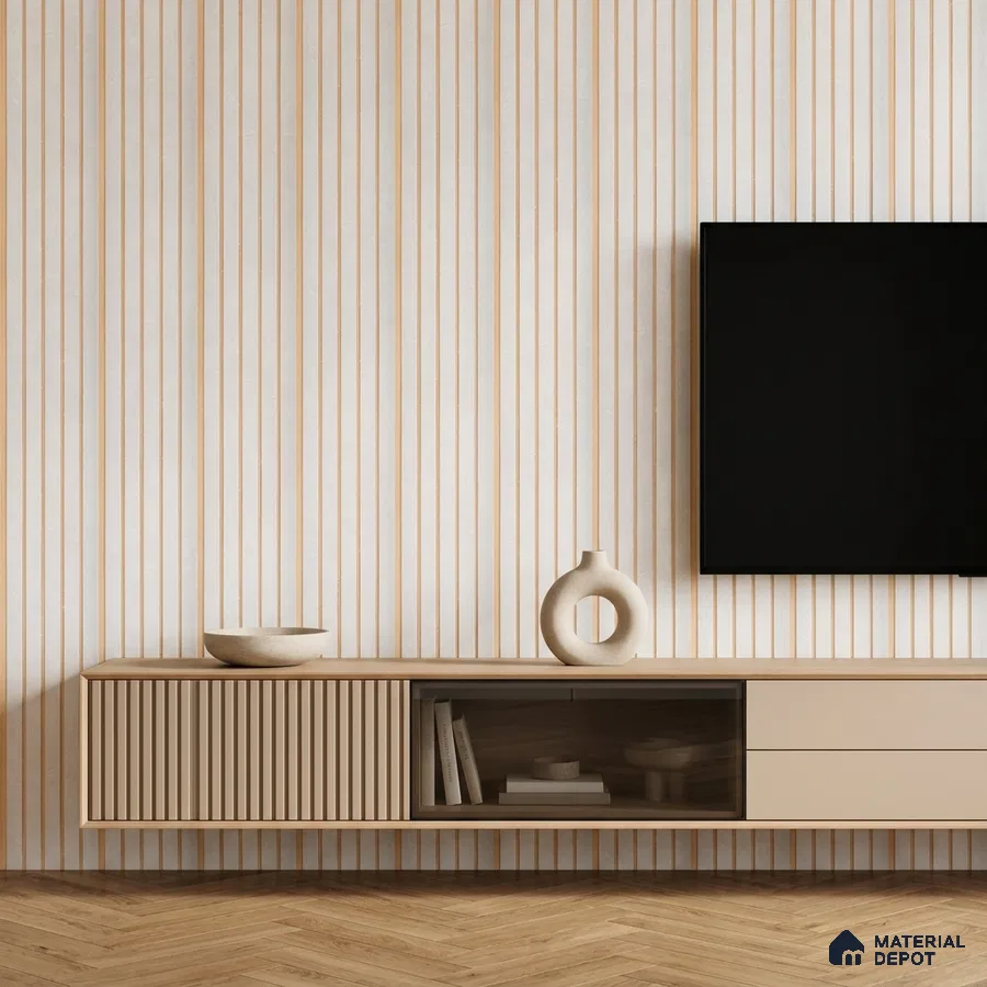Minimalist TV unit with beige fluted laminate, striped tile, and herringbone wood flooring