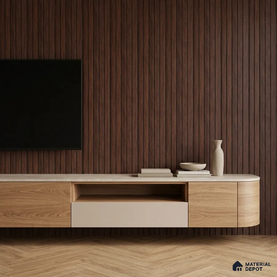 Minimalist TV unit with walnut brown fluted wall panels and light oak laminate cabinet