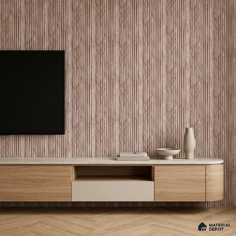 Minimalist TV unit with light oak wood laminate, beige drawer, and fluted wood wall panels