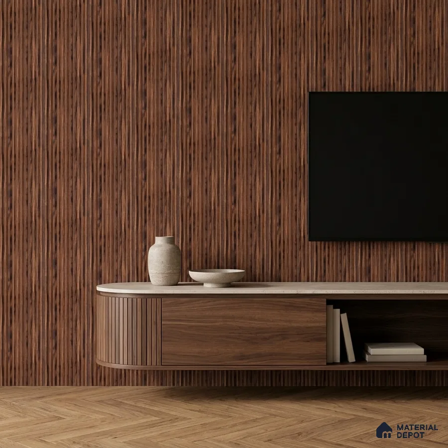 Modern TV unit with walnut wood laminate, fluted wall panels, and herringbone wooden flooring