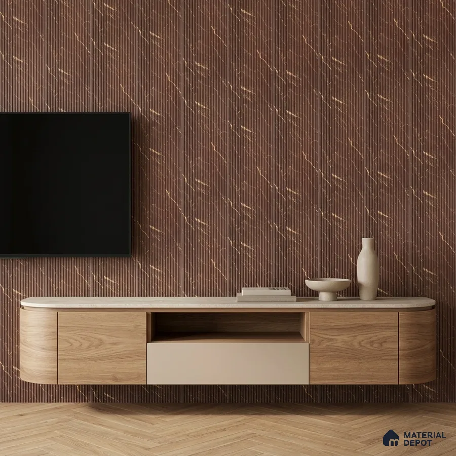 Modern TV unit with walnut wood laminate, beige solid laminate, and brown fluted wall panels with gold accents