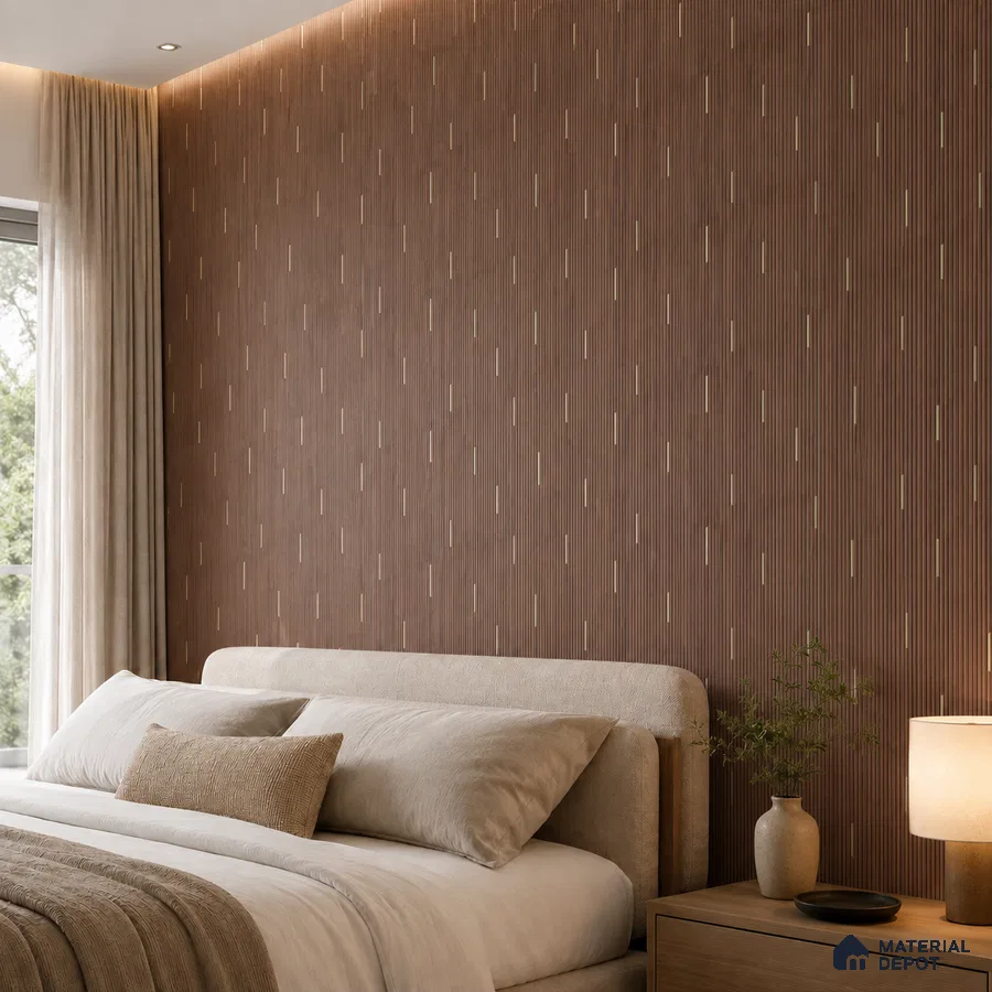 Minimalist bedroom with walnut brown fluted wall panels and beige upholstered bed