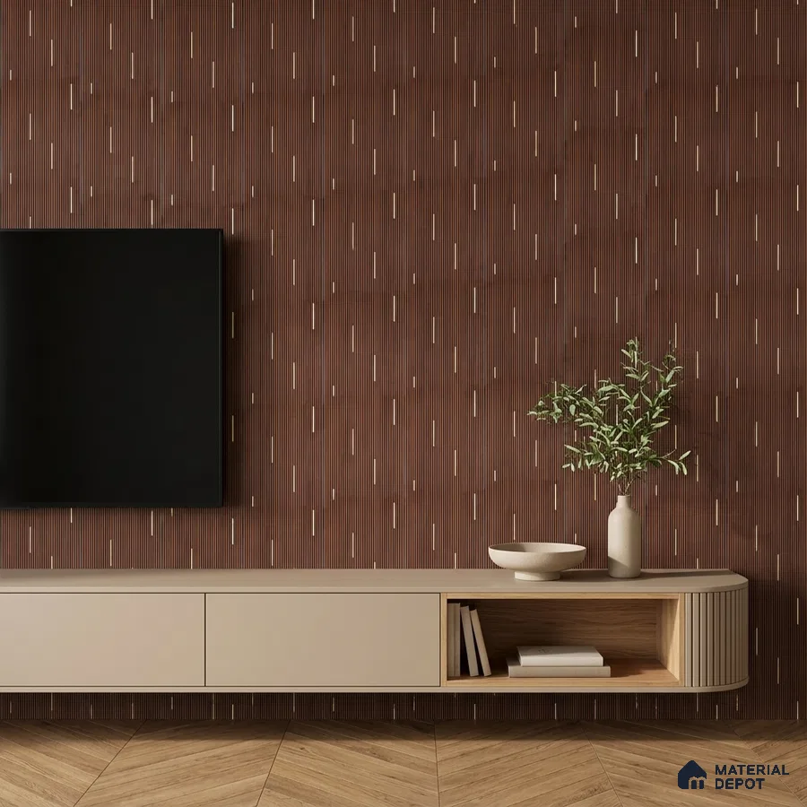 Modern TV unit with walnut brown fluted wall panels and beige laminate cabinet