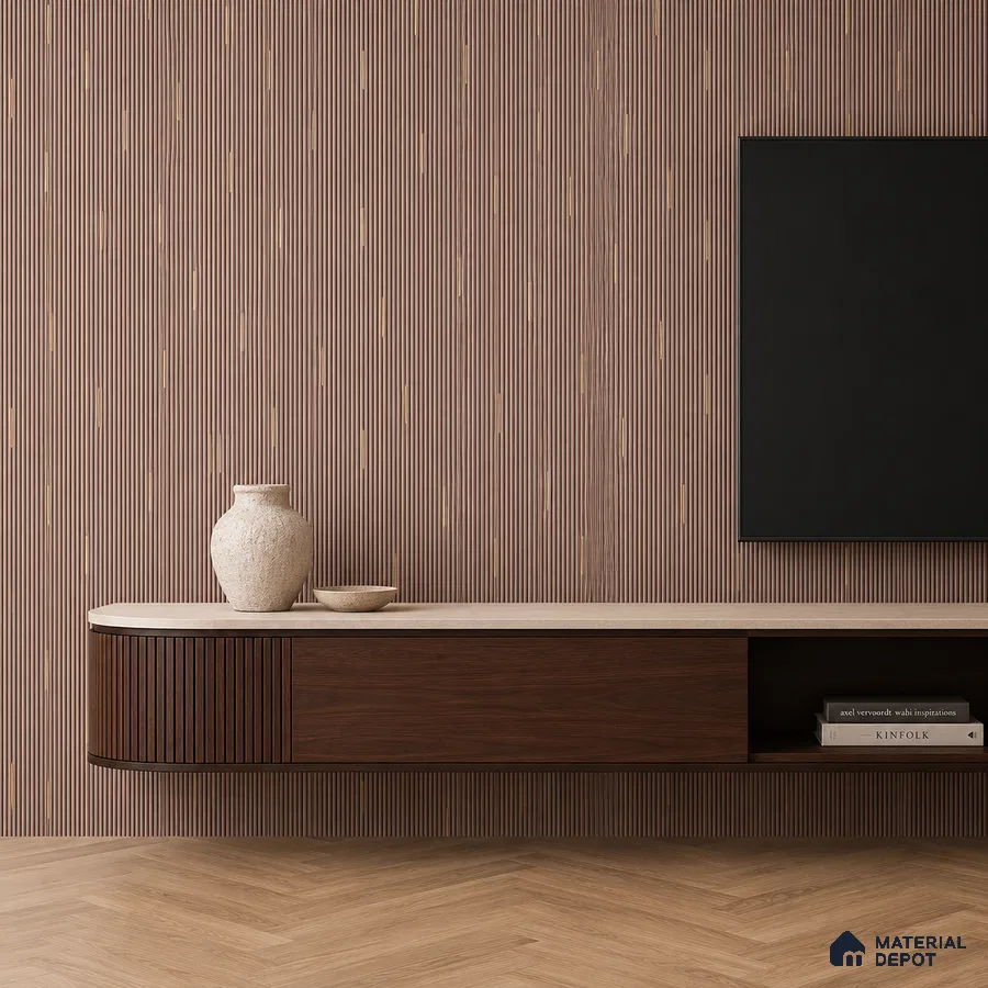 Minimalist TV unit with walnut brown fluted laminate, beige marble top, and herringbone wooden flooring