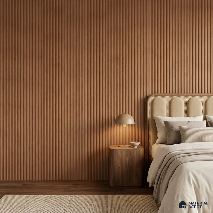 Japandi bedroom with natural wood fluted wall panels and beige suede upholstered bed