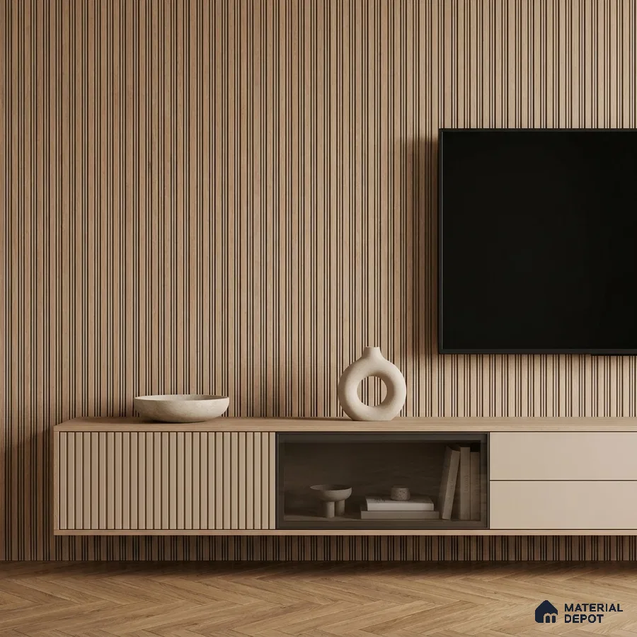 Minimalist TV unit with beige fluted laminate and light oak wood louver wall panel