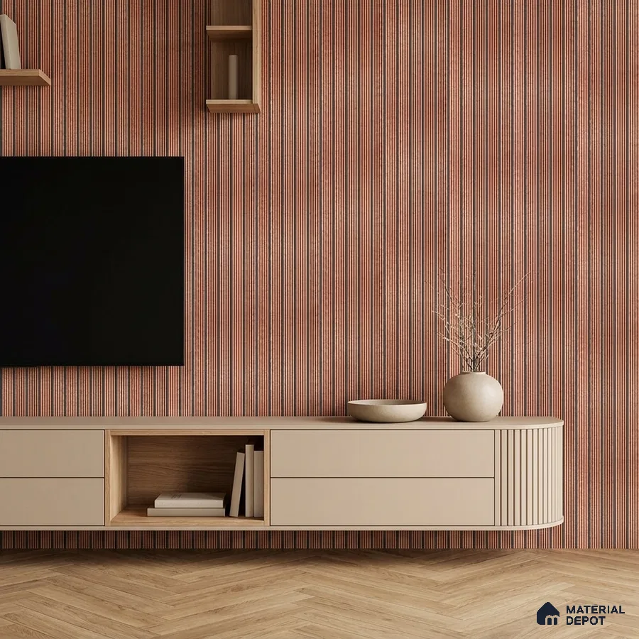 Minimalist TV unit with beige laminate, vertical striped tile, and light oak herringbone flooring