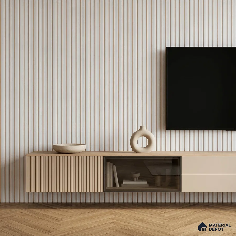 Minimalist TV unit with beige fluted laminate, striped wall panels, and herringbone wooden flooring