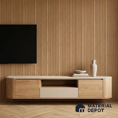 Minimalist TV unit with oak wood laminate, fluted wall panels, and herringbone wooden flooring