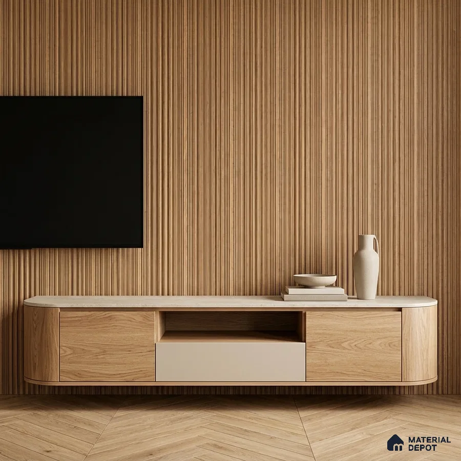 Minimalist TV unit with oak wood laminate, fluted wall panels, and herringbone wooden flooring
