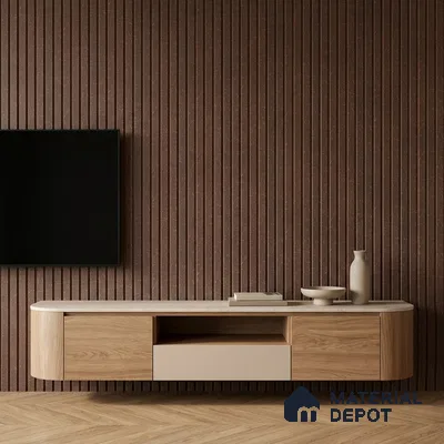 Minimalist TV unit with walnut brown fluted wall panels and light oak laminate cabinet