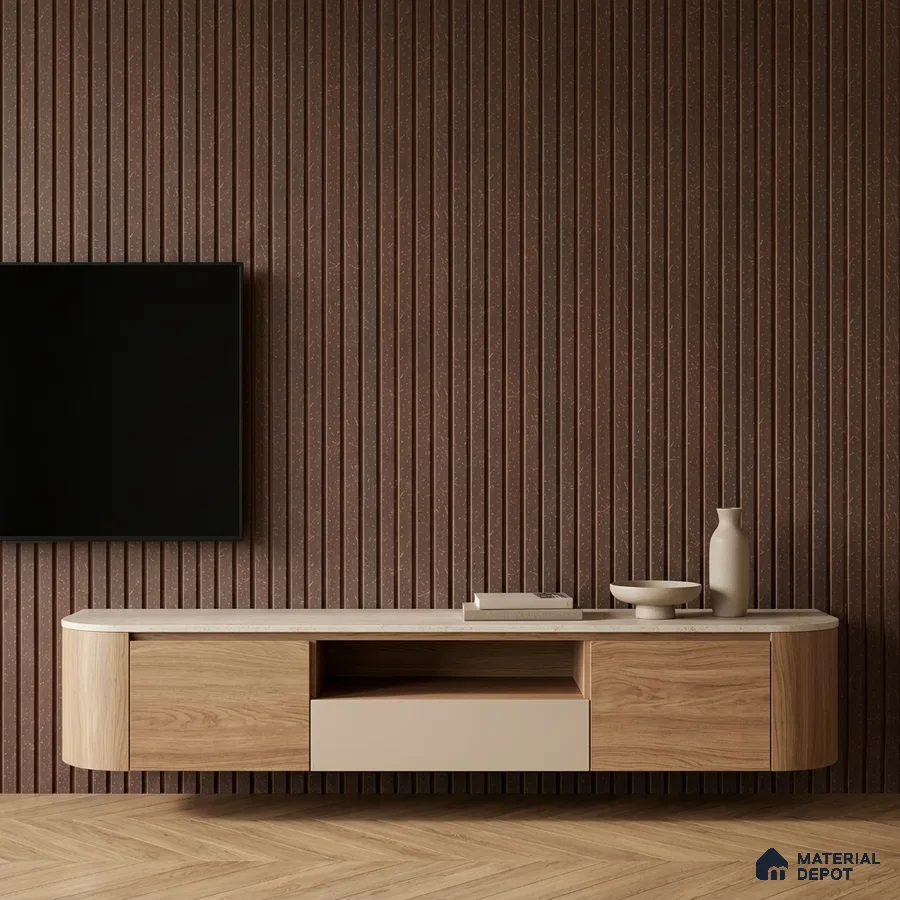 Minimalist TV unit with walnut brown fluted wall panels and light oak laminate cabinet