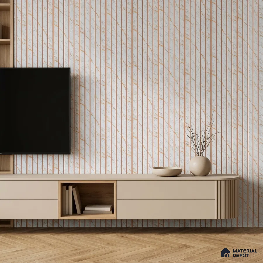 Modern TV unit with beige matte laminate, marble-look diagonal striped wall panel, and herringbone wood flooring