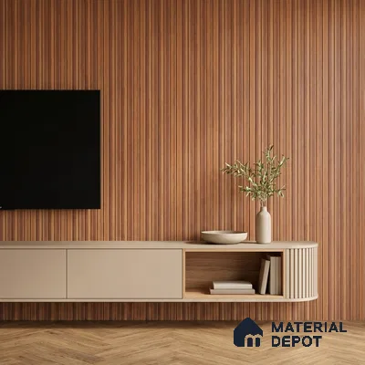 Minimalist TV unit with walnut wood fluted wall panels and beige laminate floating cabinet