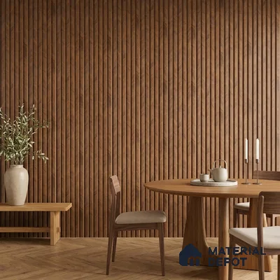 Japandi dining room with walnut wood fluted wall panels and herringbone wooden flooring