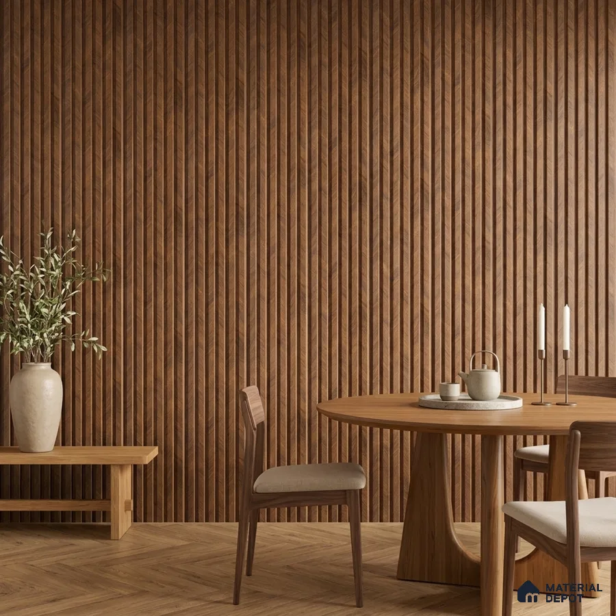 Japandi dining room with walnut wood fluted wall panels and herringbone wooden flooring