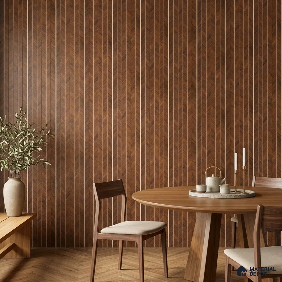Scandinavian dining room with walnut wood chevron wall panels and light oak herringbone flooring