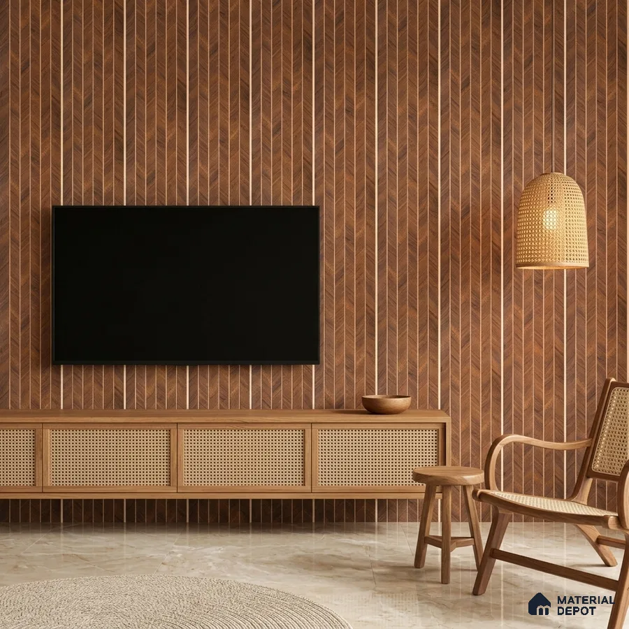 Mid-century modern living room with walnut wood chevron wall panels and cane TV unit