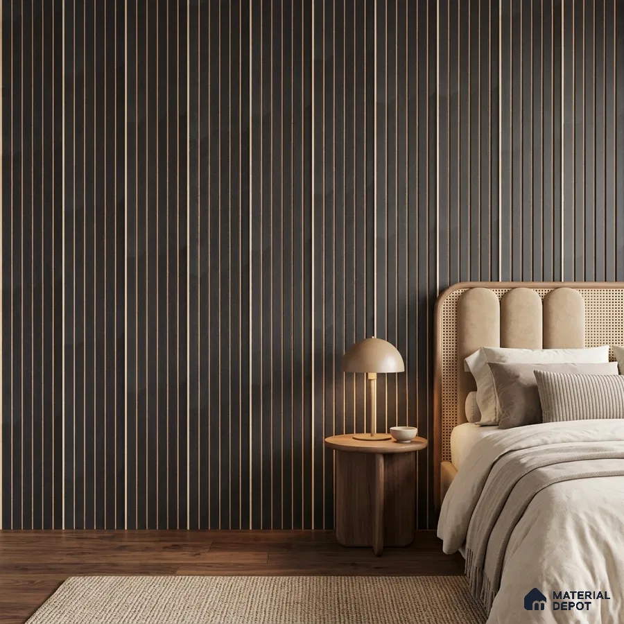 Japandi bedroom with dark wood fluted wall panels and beige upholstered cane headboard