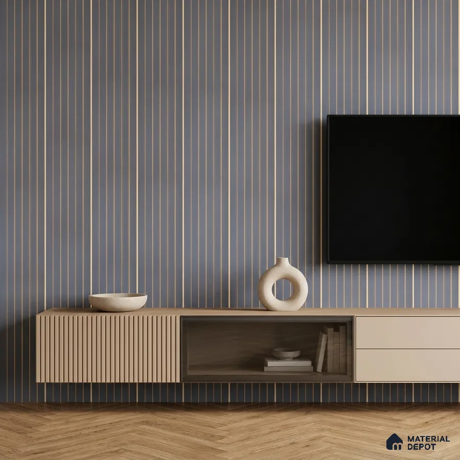 Minimalist TV unit with beige fluted laminate, blue vertical striped wall panels, and herringbone wood flooring