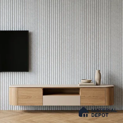Minimalist TV unit with light oak wood laminate, beige solid laminate, and chevron patterned tile