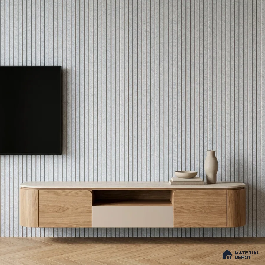 Minimalist TV unit with light oak wood laminate, beige solid laminate, and chevron patterned tile