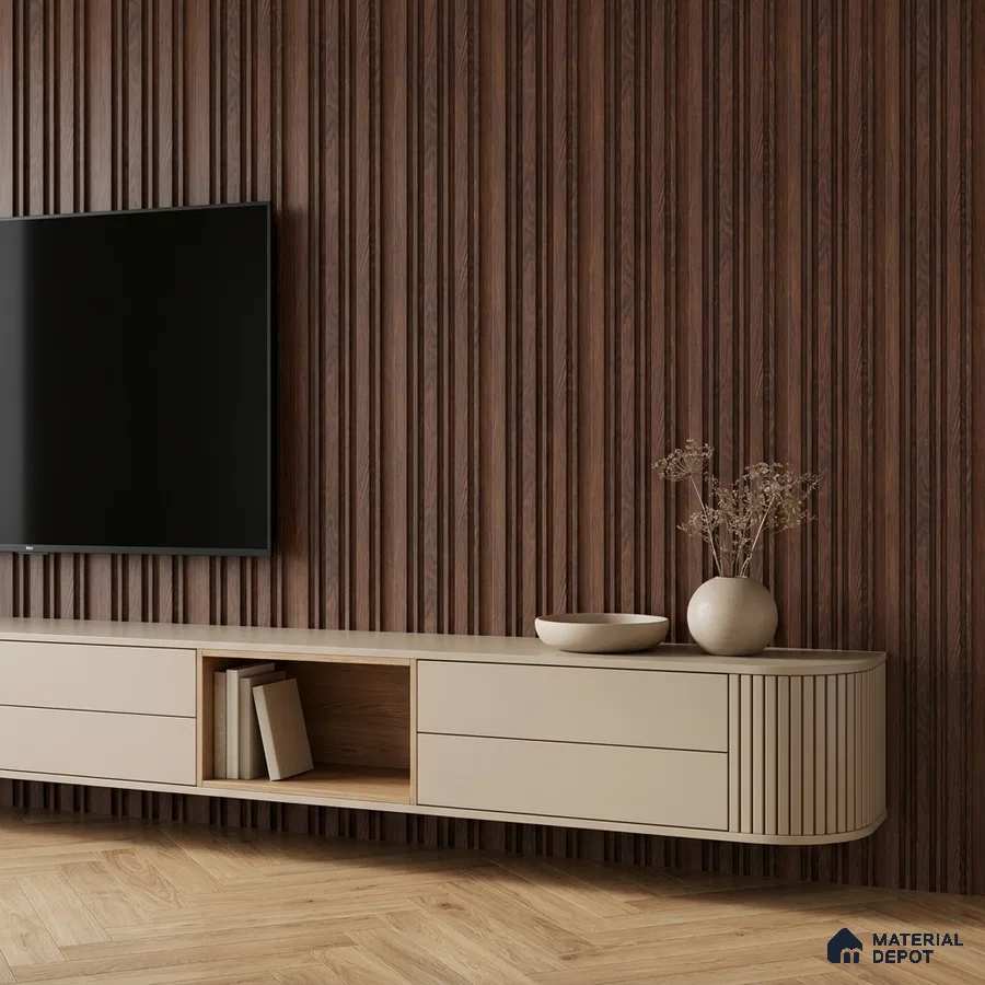 Minimalist TV unit with walnut wood fluted wall panels and beige matte laminate cabinet
