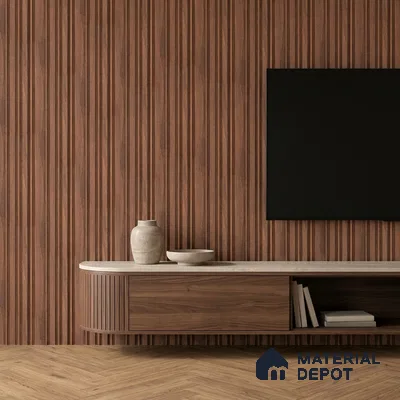 Minimalist TV unit with walnut wood fluted laminate, marble-look laminate top, and herringbone wooden flooring