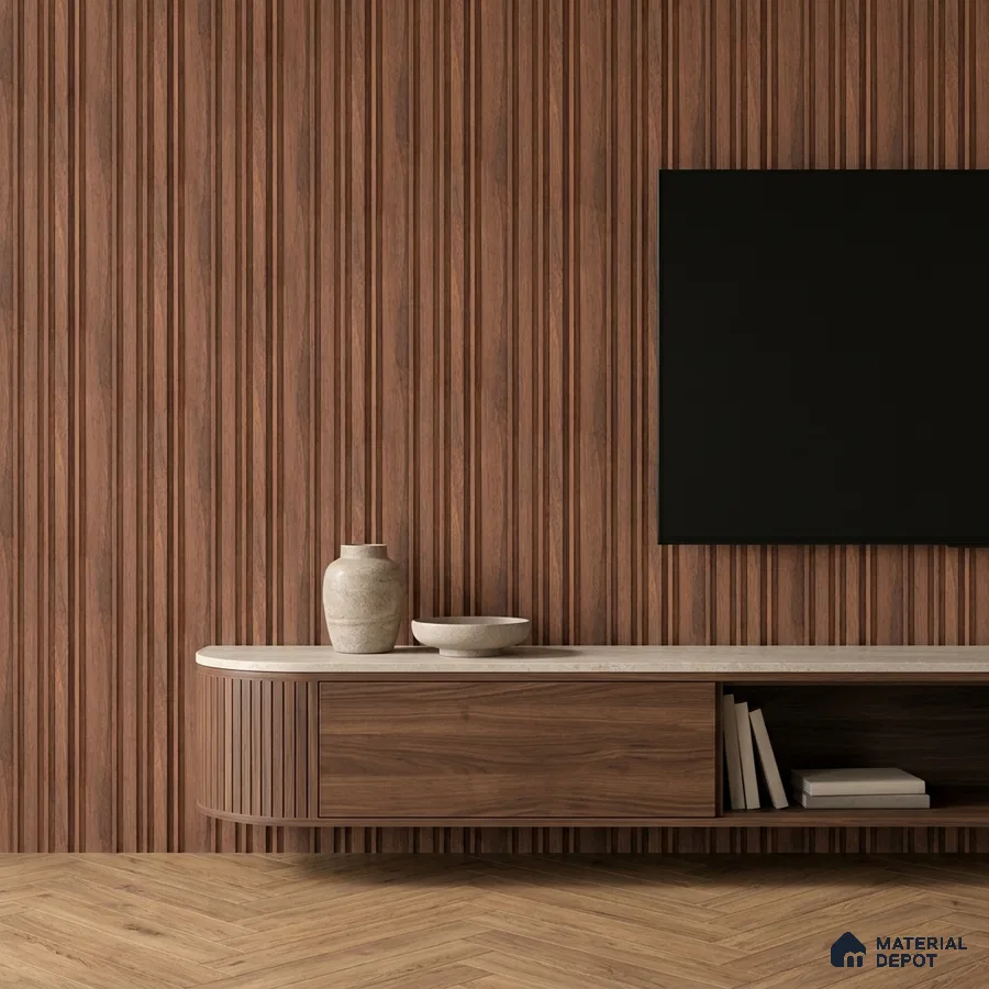 Minimalist TV unit with walnut wood fluted laminate, marble-look laminate top, and herringbone wooden flooring