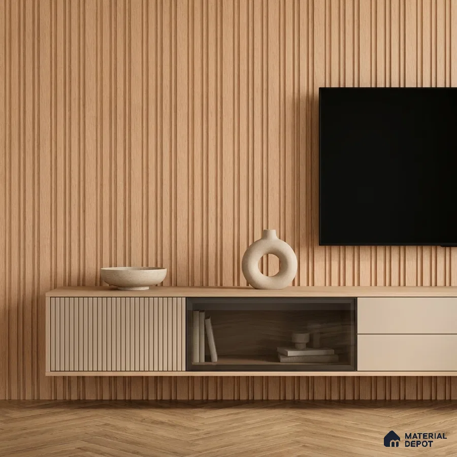 Minimalist TV unit with light oak fluted wall panels and beige laminate floating cabinet