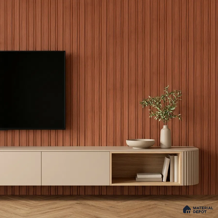 Minimalist TV unit with terracotta fluted wall panels and beige matte laminate cabinet