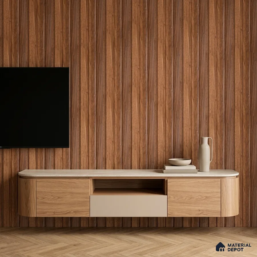 Minimalist TV unit with walnut wood laminate, beige laminate, and fluted wood wall panels