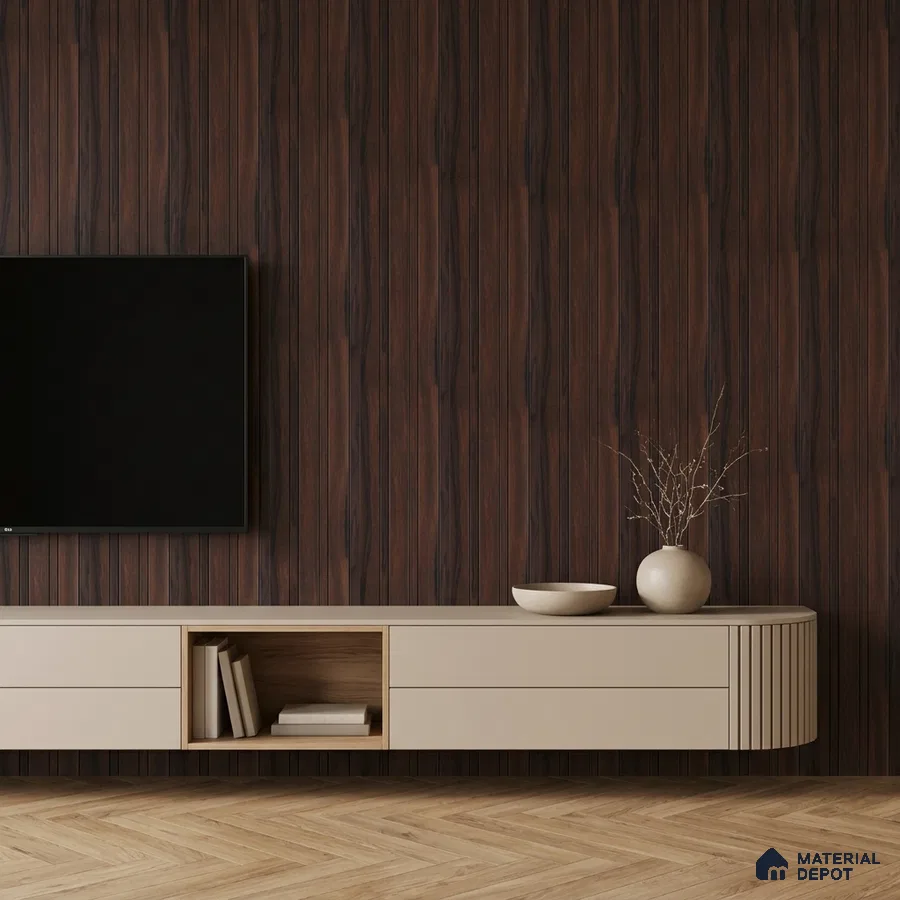 Minimalist TV unit with walnut wood louver wall and beige matte laminate cabinet