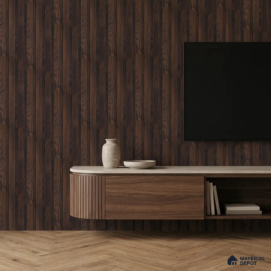 Minimalist TV unit with walnut wood laminate, fluted panels, and herringbone wooden flooring