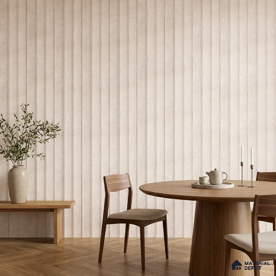 Japandi dining room with beige fluted wall panels and natural oak wood furniture