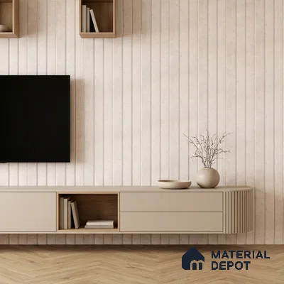 Minimalist TV unit with beige matte laminate, fluted wall panels, and light oak herringbone wooden flooring