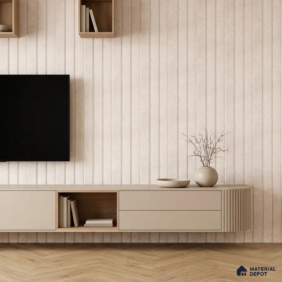 Minimalist TV unit with beige matte laminate, fluted wall panels, and light oak herringbone wooden flooring