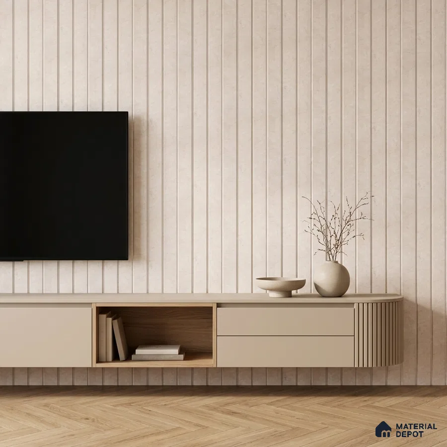 Minimalist TV unit with beige matte laminate, fluted wall panels, and light oak herringbone wooden flooring