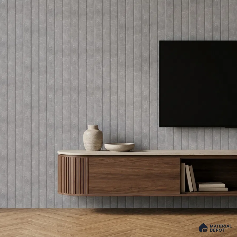 Minimalist TV unit with walnut wood laminate, grey fluted wall panels, and herringbone wooden flooring